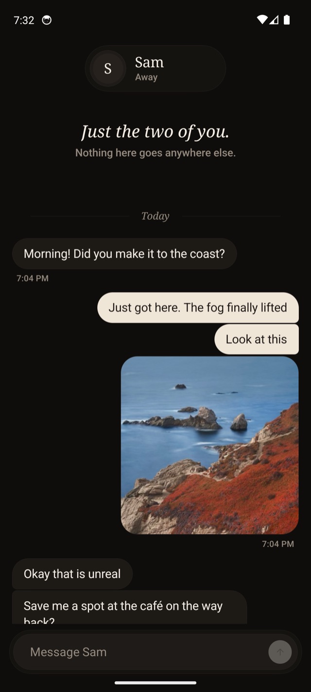 Duo conversation in the dark theme with a shared photo